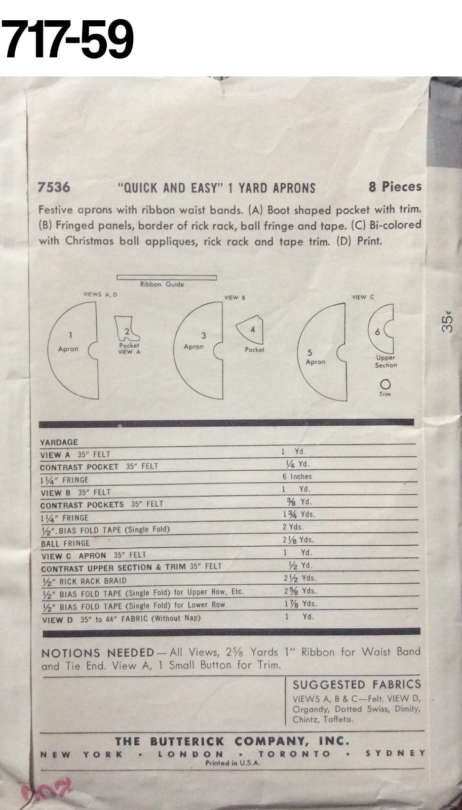 VTG Sewing Pattern Butterick #7536 Apron ULTRA 1950S UNUSED