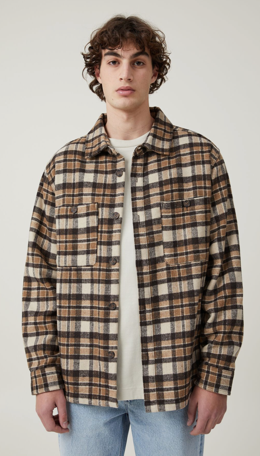 Cotton:On Men's Heavy Shirt Overshirt Button-Up Collar Natural Oversize Check S