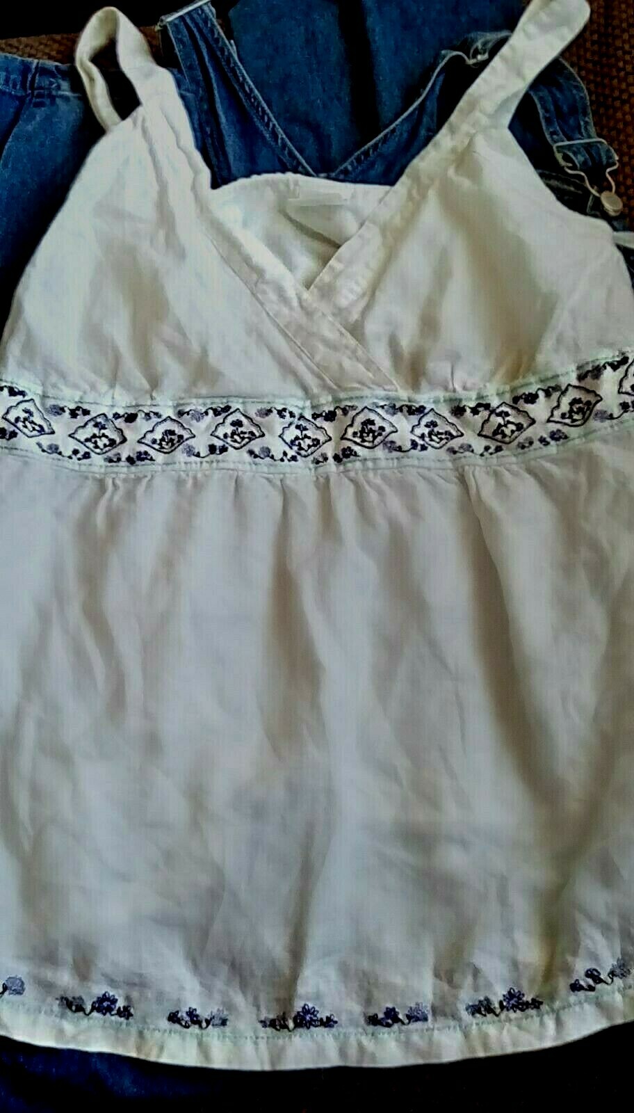 L Motherhood Denim Overalls & embroidered Linen Cami top