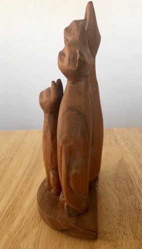 Hand Carved Vintage Wooden Wood Cat Family Mom Dad Baby Three Kitties Brown