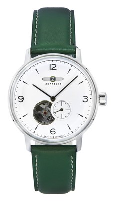 Pre-owned Zeppelin Lz129 Hindenburg Green Leather Strap Open Heart Dial Z80661n Mens Watch