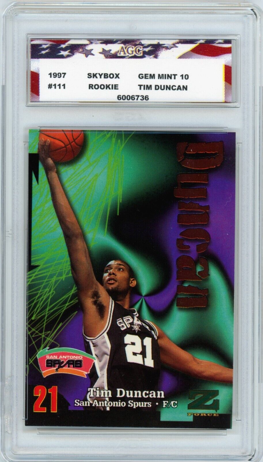 1997 Skybox #111 Tim Duncan Rookie Card AGC 10 Gem Mint San Antonio Spurs. rookie card picture