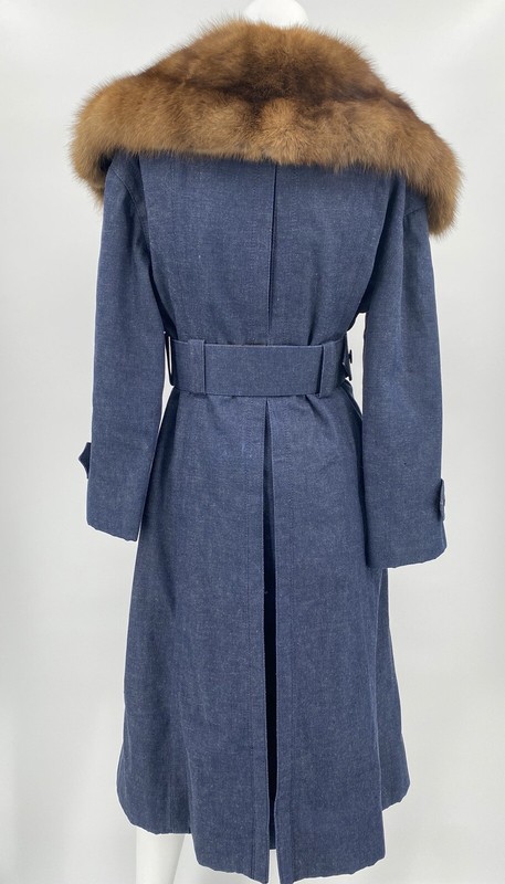 Vintage James Galanos Sable Fur Collar Blue Denim Trench Coat