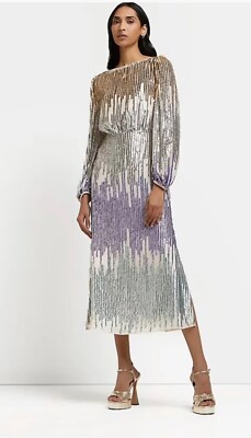 MIDI Dress River Island Trinny Ombré Sequinned Silver.Gold.Lilac Size 12 Was 120