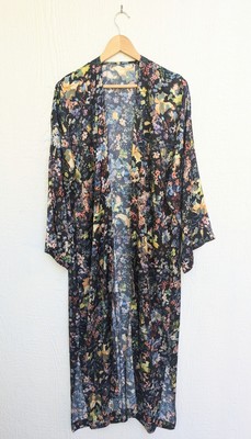 Handmade In Morocco Floral Satin Boho Chic Hippie Duster Kimono Cover Up