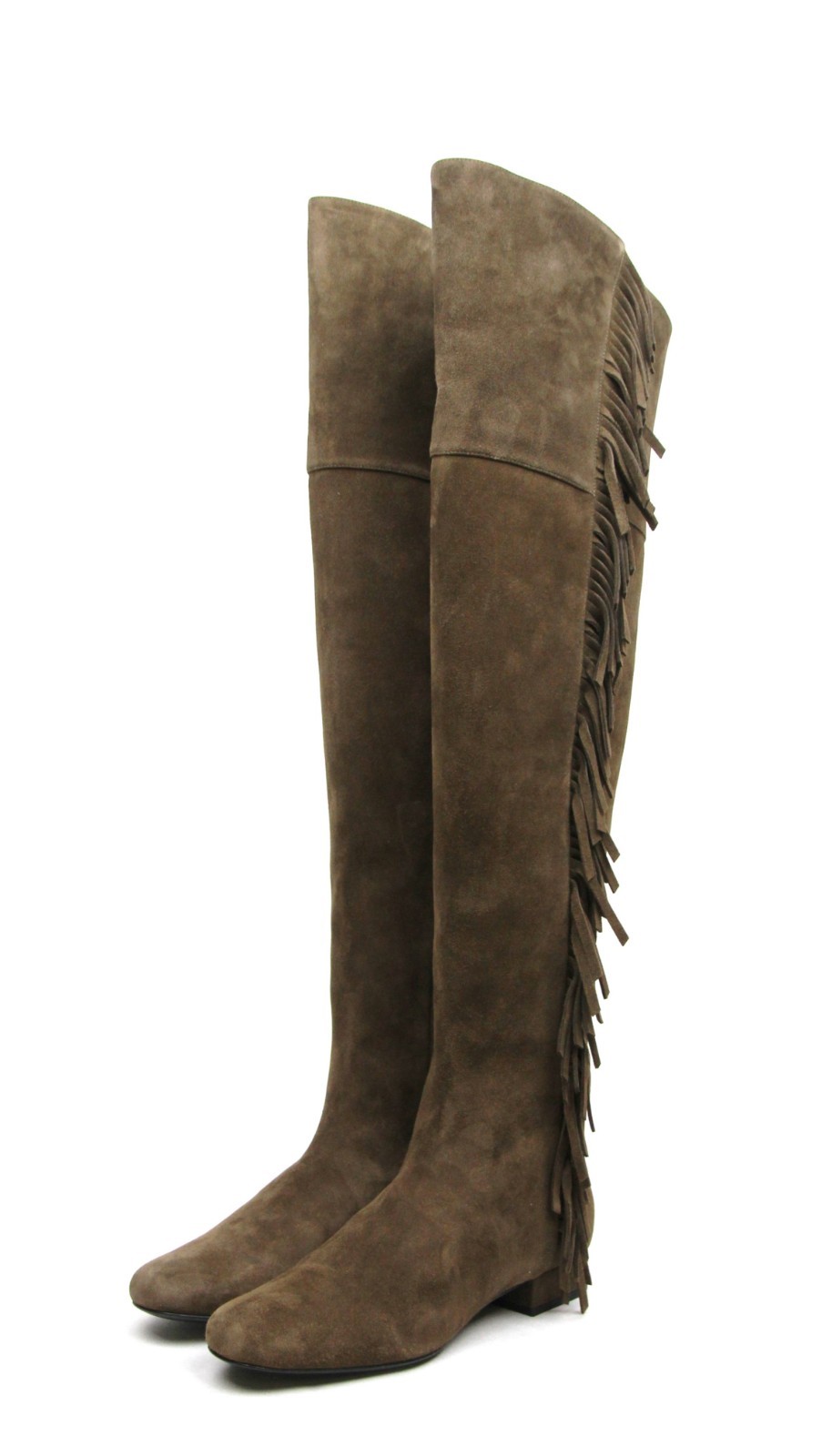 Pre-owned Saint Laurent Woman's Brown Suede Over The Knee Fringed Boots 438270 2532