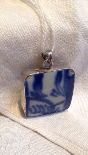 MING/QING DYNASTY POTTERY SHARD PENDANT~ Encased in Sterling Silver~BLUE & WHITE