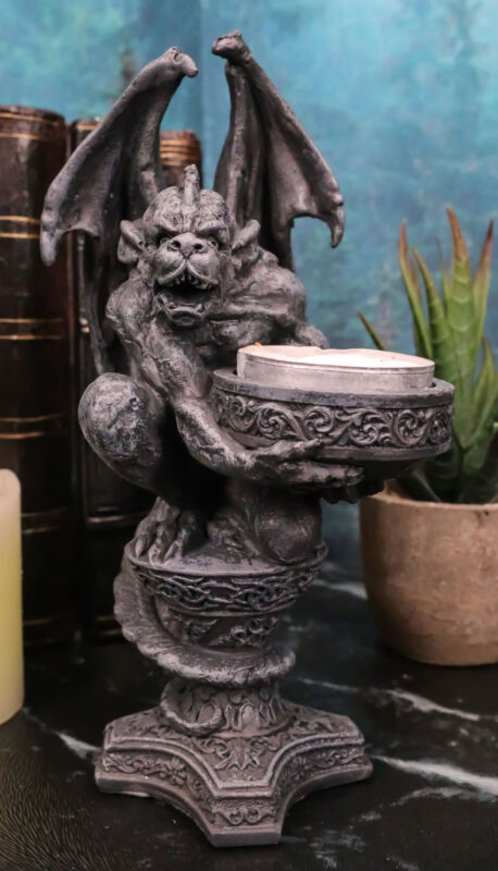 Gothic Wyvern Gargoyle Tea Light Candle Holder Guardian Kneeling Servant Statue