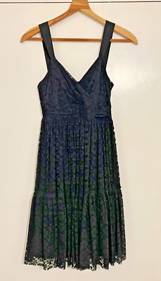 Vintage DKNY Donna Karan Black Lace V Neck Pleated Fit Flare  Dress Size 4