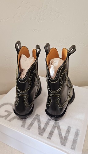 Pre-owned Ganni Low Shaft Embroidered Western Boots - Black/yellow ( Origin $595 )