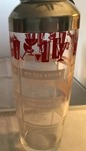 Vintage Retro Cocktail Shaker Drink Mixer w/Recipes, Aluminum & Glass Barware