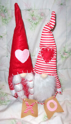 16  tall plush weighted red & white Mr & Mrs Gnome shelf sitter with X O banner