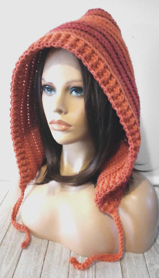 handmade crochet womans pixie hood hat hot sauce red USA