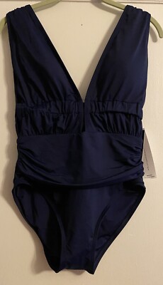Carmen Marc Valvo Sexy Navy Blue One 1 Piece Swimsuit 10 Plunge Front And Back