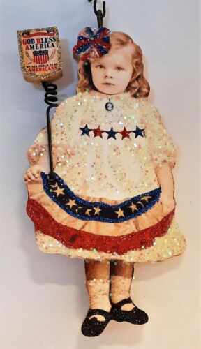 GIRL w AMERICAN FLAG BUNTING, STARS * Glitter JULY PATRIOTIC ORNAMENT * Vtg Img