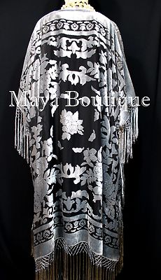 Pre-owned Maya Matazaro Silver Gray Caftan Duster Fringe Jacket Kimono Burnout Velvet