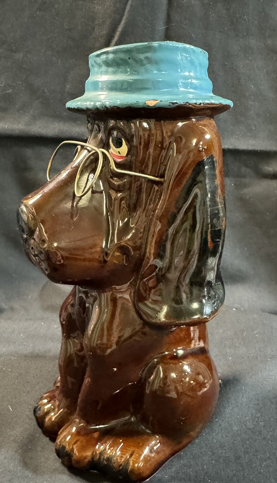 Vintage Enesco Droopy Hound Dog Coin Bank With Glasses  And Blue Hat Ceramic 7”