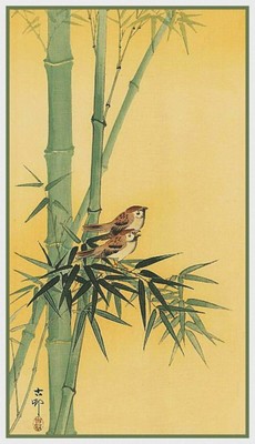 Asian Sparrows on Bamboo by Ohara Koson Shoson Counted Cross Stitch Pattern