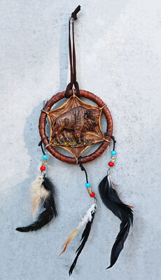 Native American Buffalo Bison Cattle Dreamcatcher & Trinity Feathers Hanger