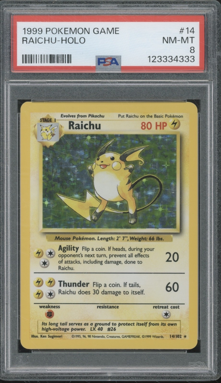 1999 Pokémon Game Holo #14 Raichu NM-MT PSA 8