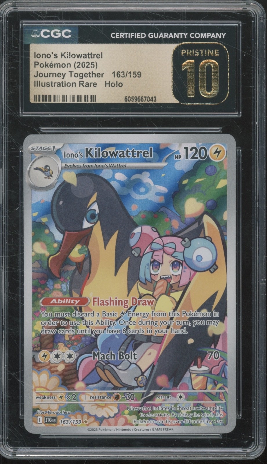 2025 Pokémon Illustration Rare Holo #Iono`s Kilowattrel 163/159 Pristine CGC 10