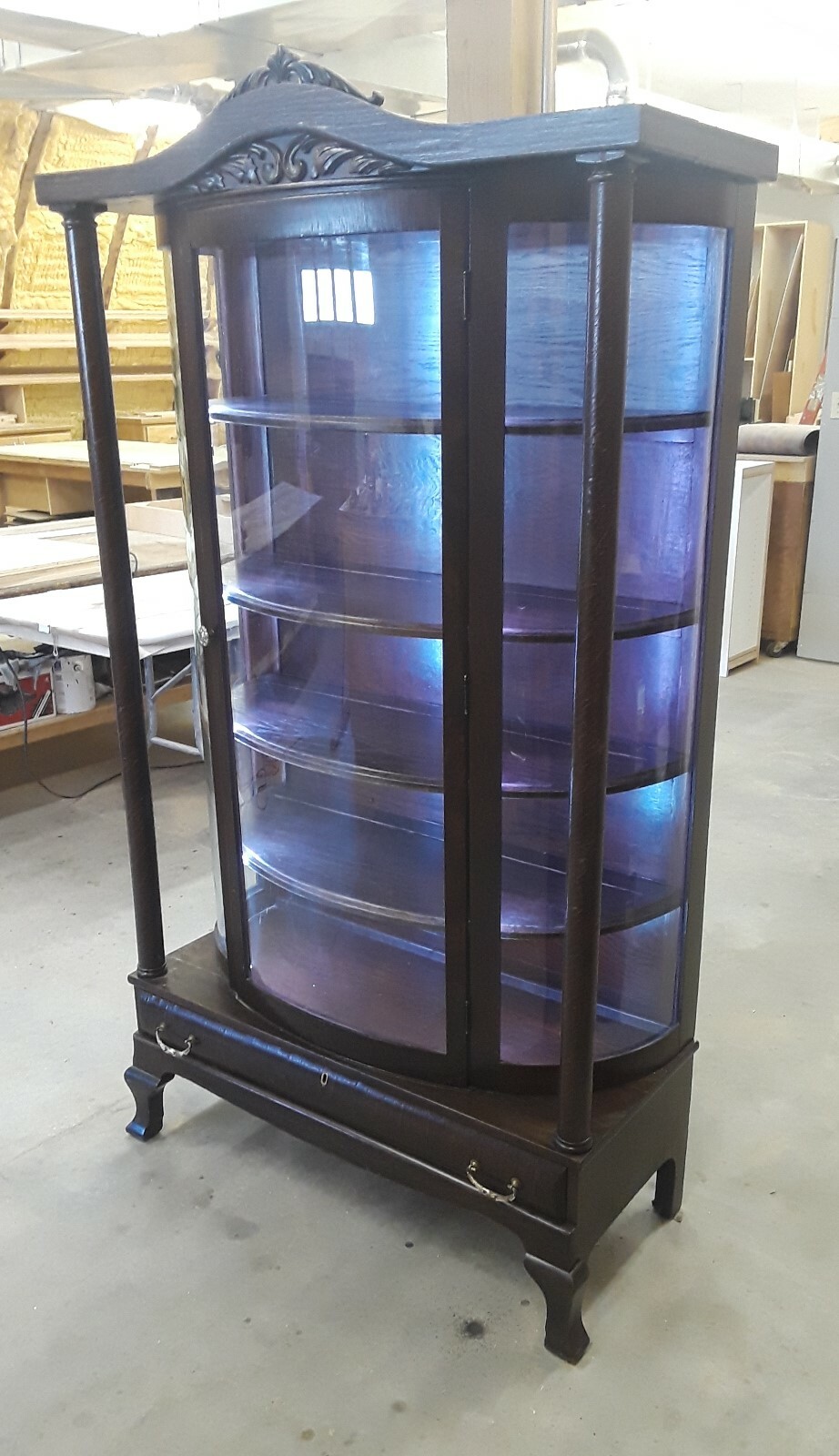 Vintage Oak China Cabinet with Curved Glass