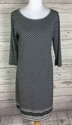 Max Studio Shift Dress Women Size L Black White Polka Dot 3/4 Sleeve Stretch