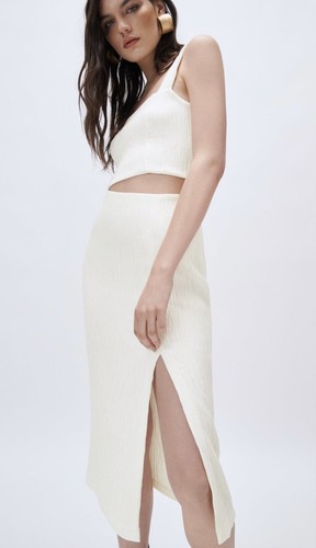 【OJOS】 String Hole Midi Skirt / White BNWT ZARA Off White TEXTURED CREASED EFFECT TAILORED MIDI
