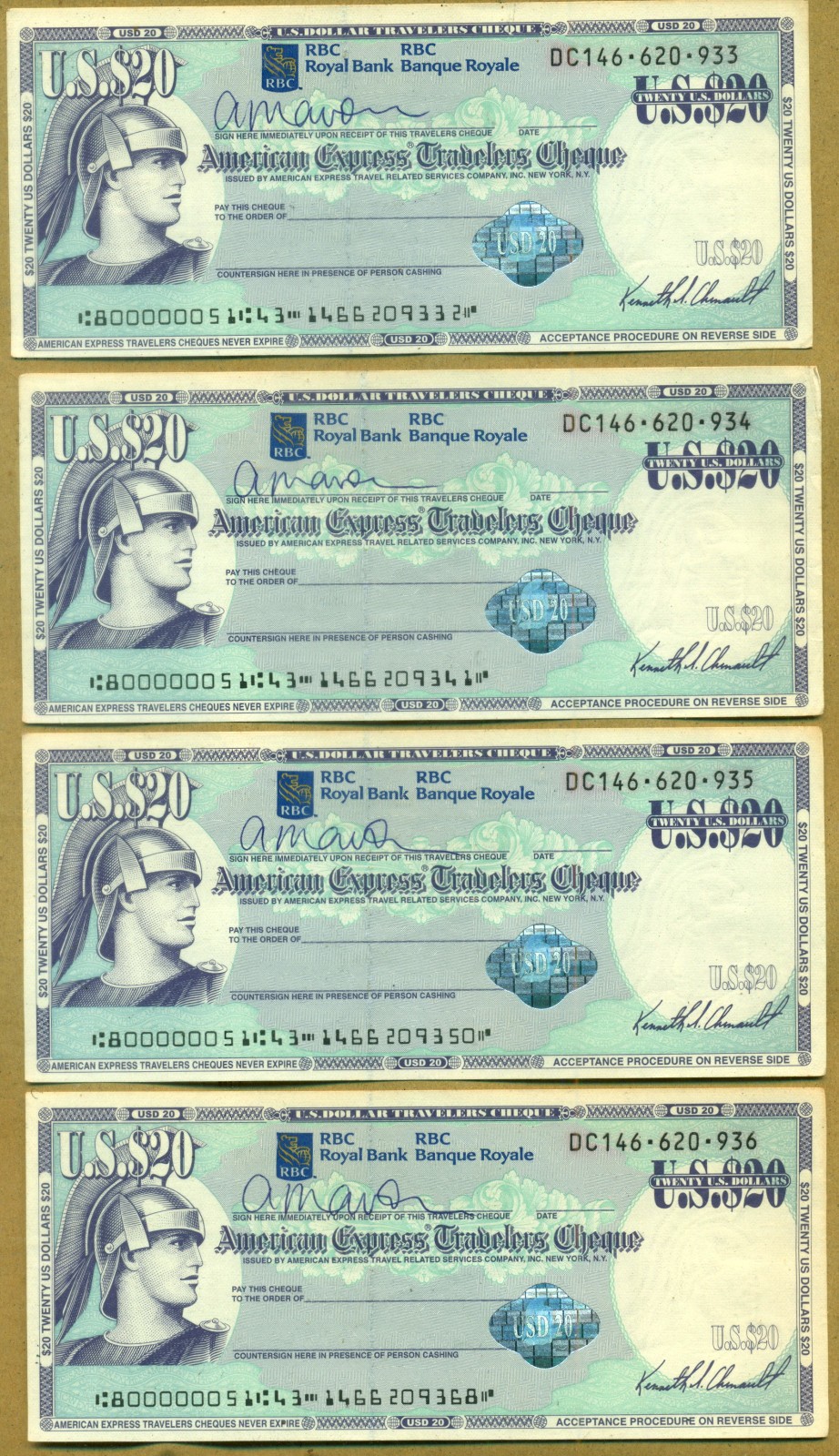 American Express Travellers Cheque $20 Lot of 7 Consecutive