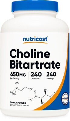 Nutricost Choline Bitartrate 650mg, 240 Vegetarian Capsules-Non-GMO, Gluten Free