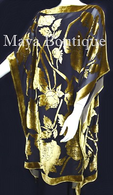 Pre-owned Maya Matazaro Caftan Dress Kimono Silk Burnout Velvet Antique Gold Blk Hand Dyed