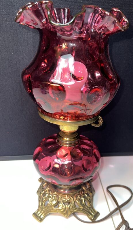 Vintage Fenton Cranberry Lamp Thumbprint Ruffletop Table Lamp 14" W Flaws