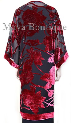 Pre-owned Maya Matazaro Red Long Kimono Jacket Silk Burnout Velvet No Fringe  Hand Dyed Usa In Red & Black