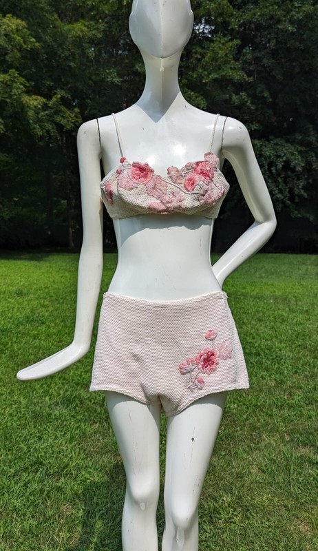 VINTAGE 1950’S FLORAL EMBROIDERED 2 PC BIKINI SWIM SUIT BATHING SUIT