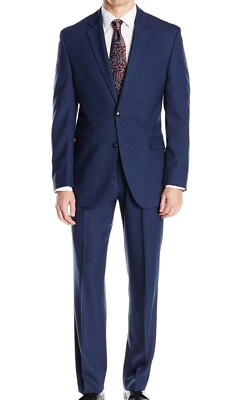NWT Perry Ellis Mens Suit Blue Sharkskin Size 46 Slim Fit Stretch 2 Piece $375
