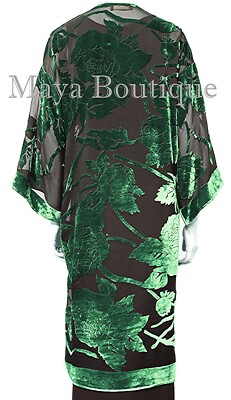 Pre-owned Maya Matazaro Green Long Kimono Jacket Silk Burnout Velvet No Fringe  In Green & Black