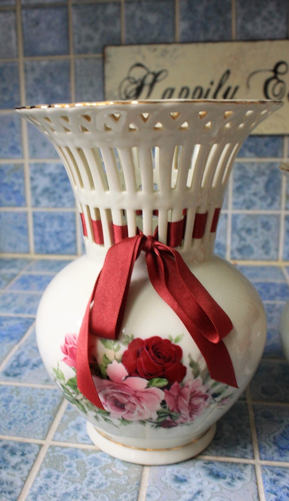 3 - Formalities By Baum Bros Set of Vases Pink Red Rose Lattice Ribbon Gold Rim