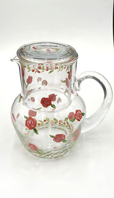 Vintage Hand-Painted Glass Tumble Up/Bedside Carafe and Fitted Cup, Roses