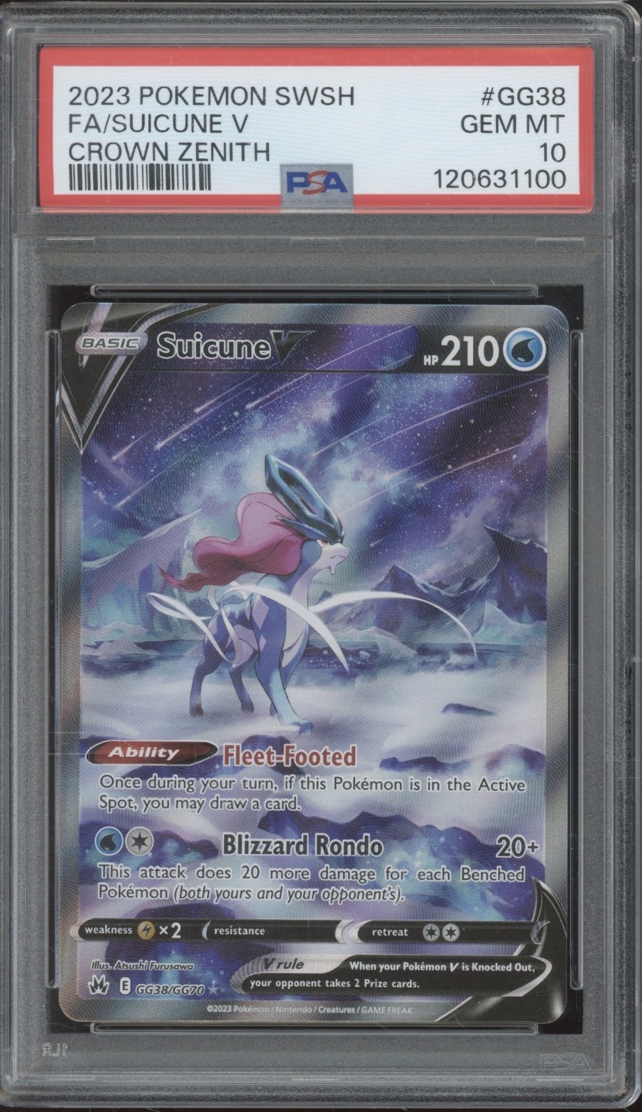 2023 Pokémon Crown Zenith Full Art Suicune V GG38/GG70 Gem Mint PSA 10