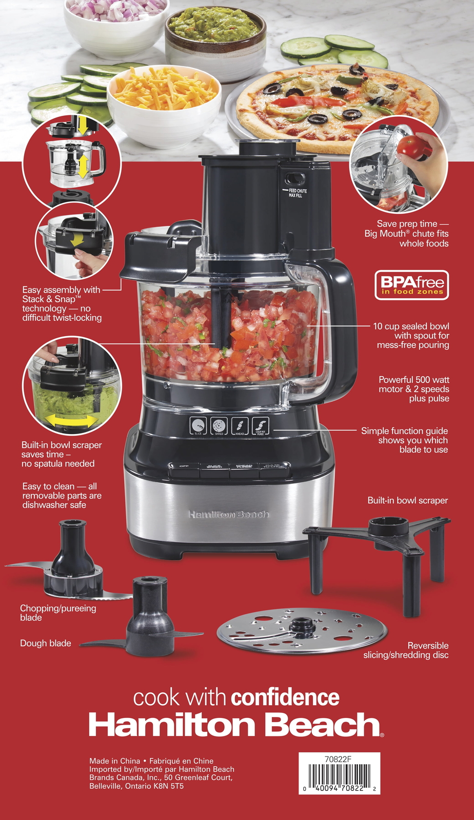 Hamilton Beach Stack & Snap Food Processor with Bowl Scraper,10 Cup Capacity 、
