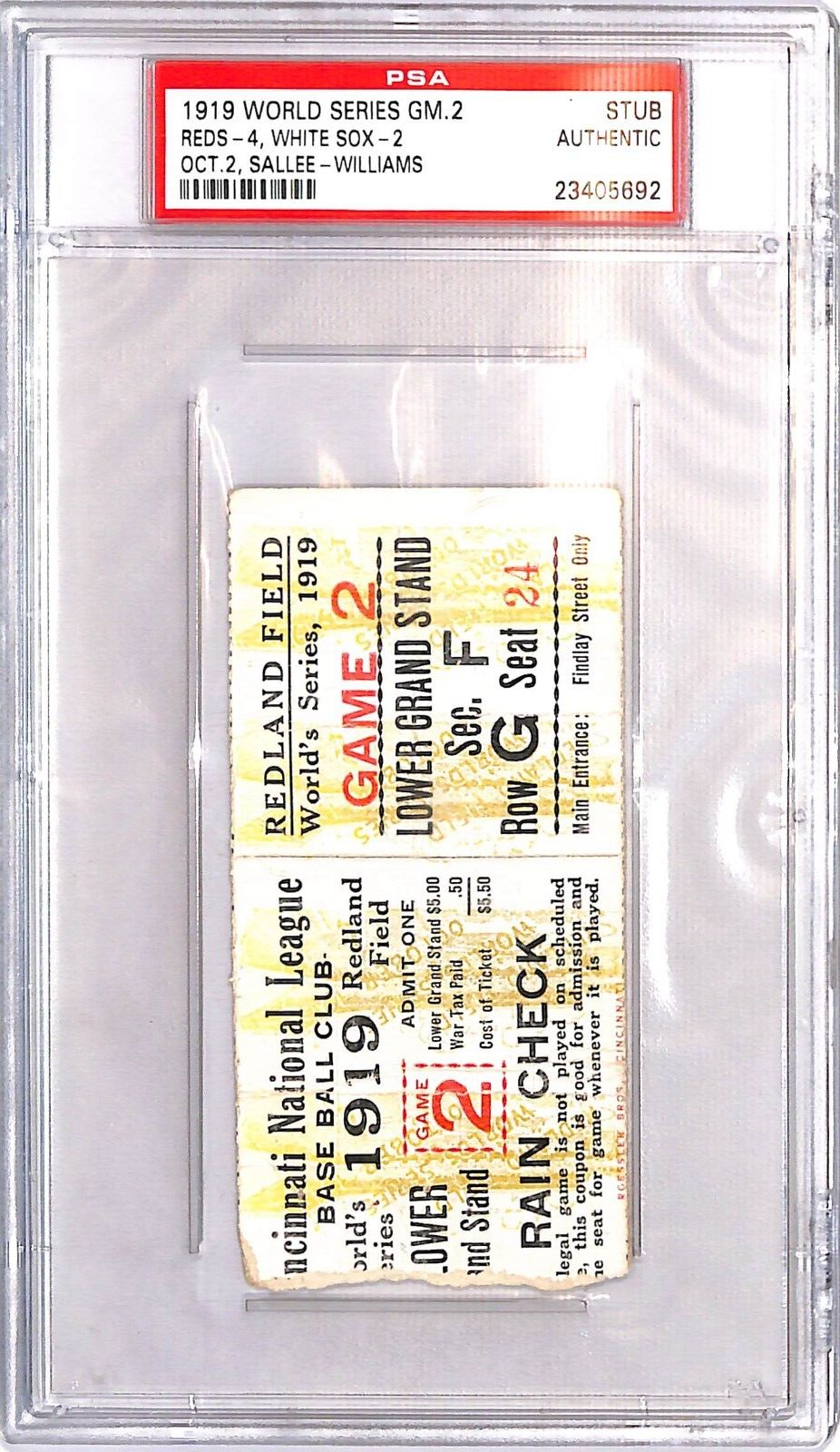 1919 World Series Game 2 Ticket Reds White Sox Black Sock PSA