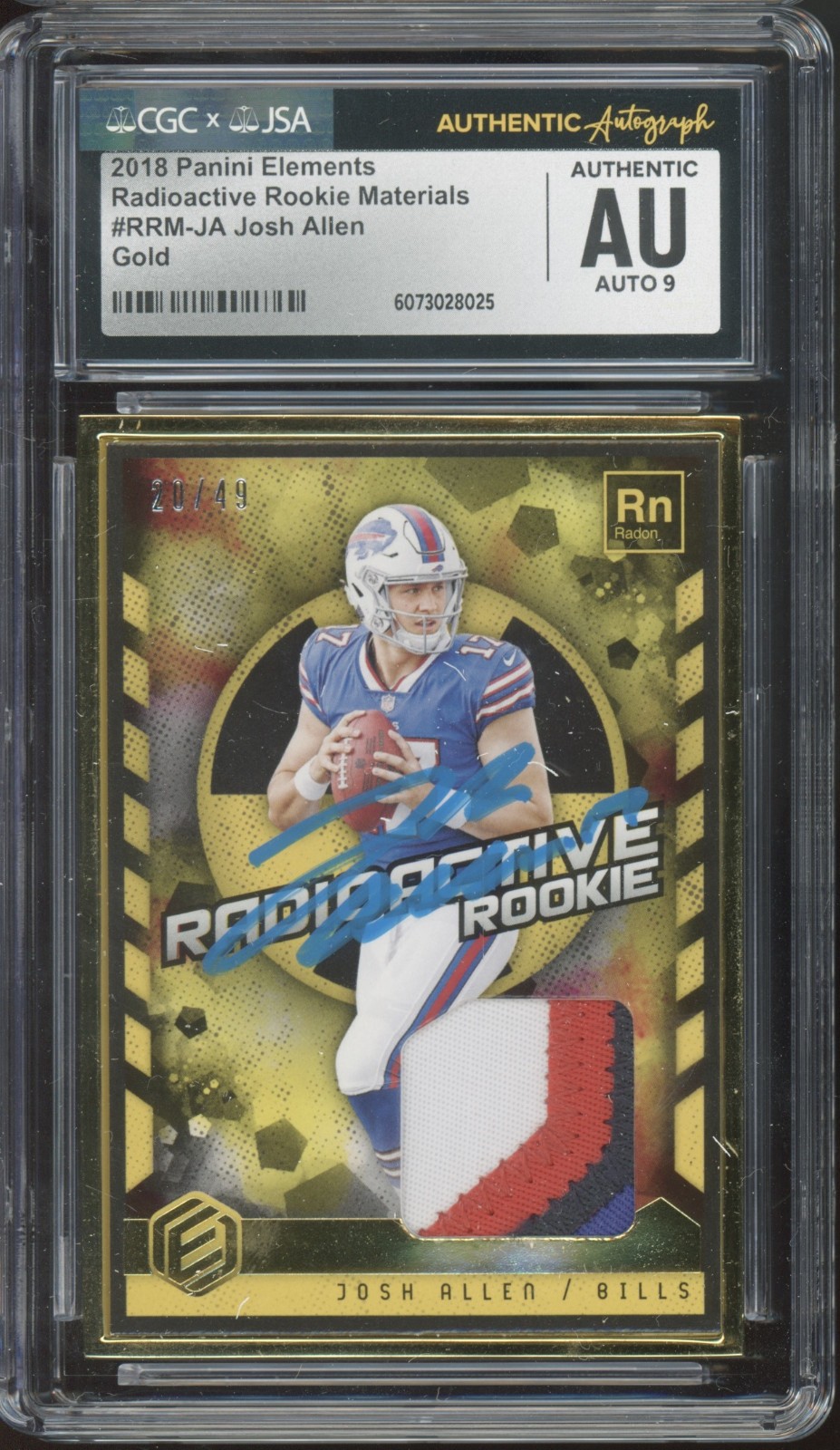 2018 Elements Radioactive Jersey Patch Josh Allen /40 RC Gem Mint CGC AU 10 Auto