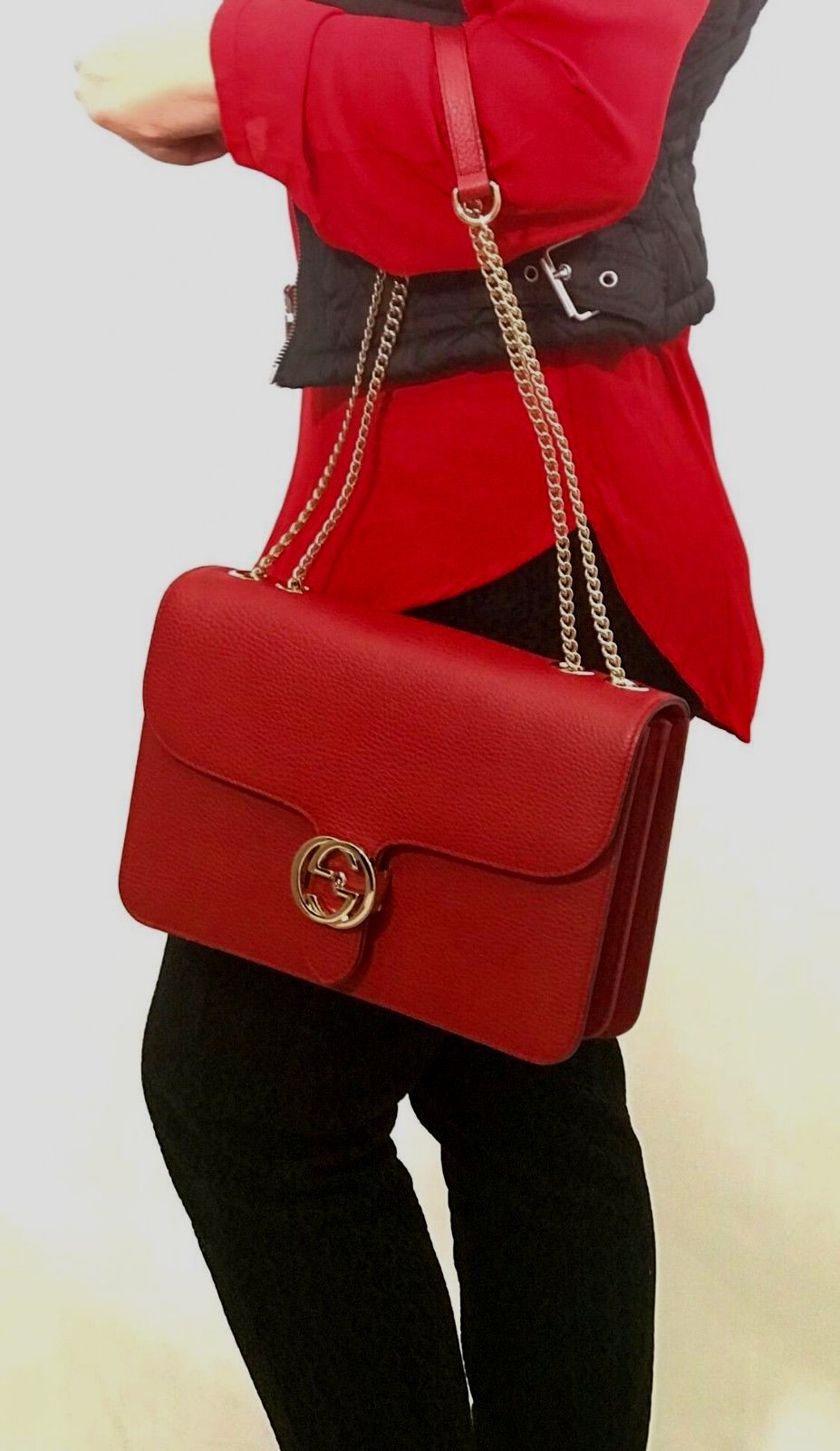 GUCCI RED NEW 100% Authentic Leather Shoulder Bag 51303, USA Seller