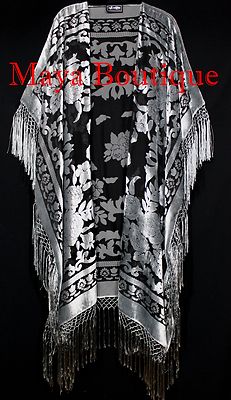 Pre-owned Maya Matazaro Silver Gray Caftan Duster Fringe Jacket Kimono Burnout Velvet