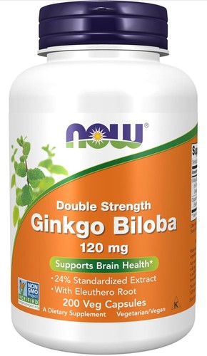 NOW FOODS Ginkgo Biloba Double Strength 120 mg 200 Veg Capsules Exp 2027