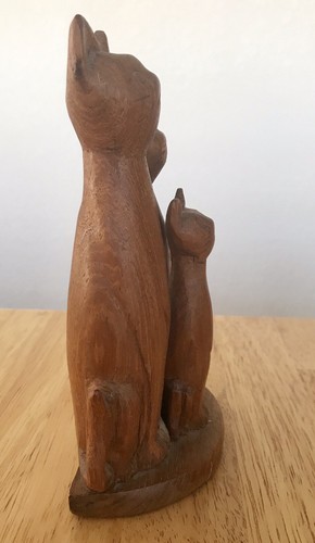 Hand Carved Vintage Wooden Wood Cat Family Mom Dad Baby Three Kitties Brown