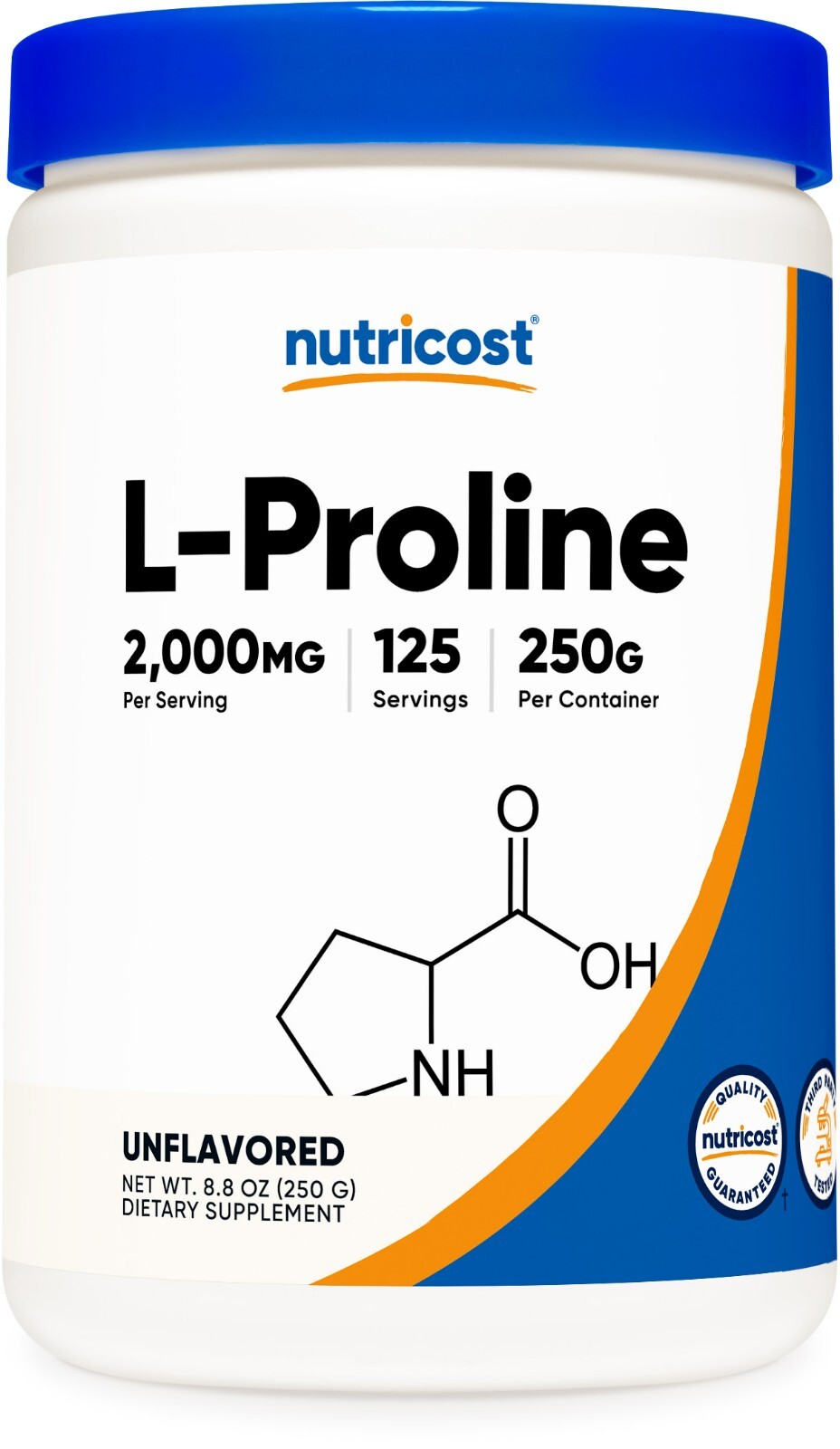 Порошок L-пролина Nutricost 250 грамм — 2000 мг на порцию, без ГМО