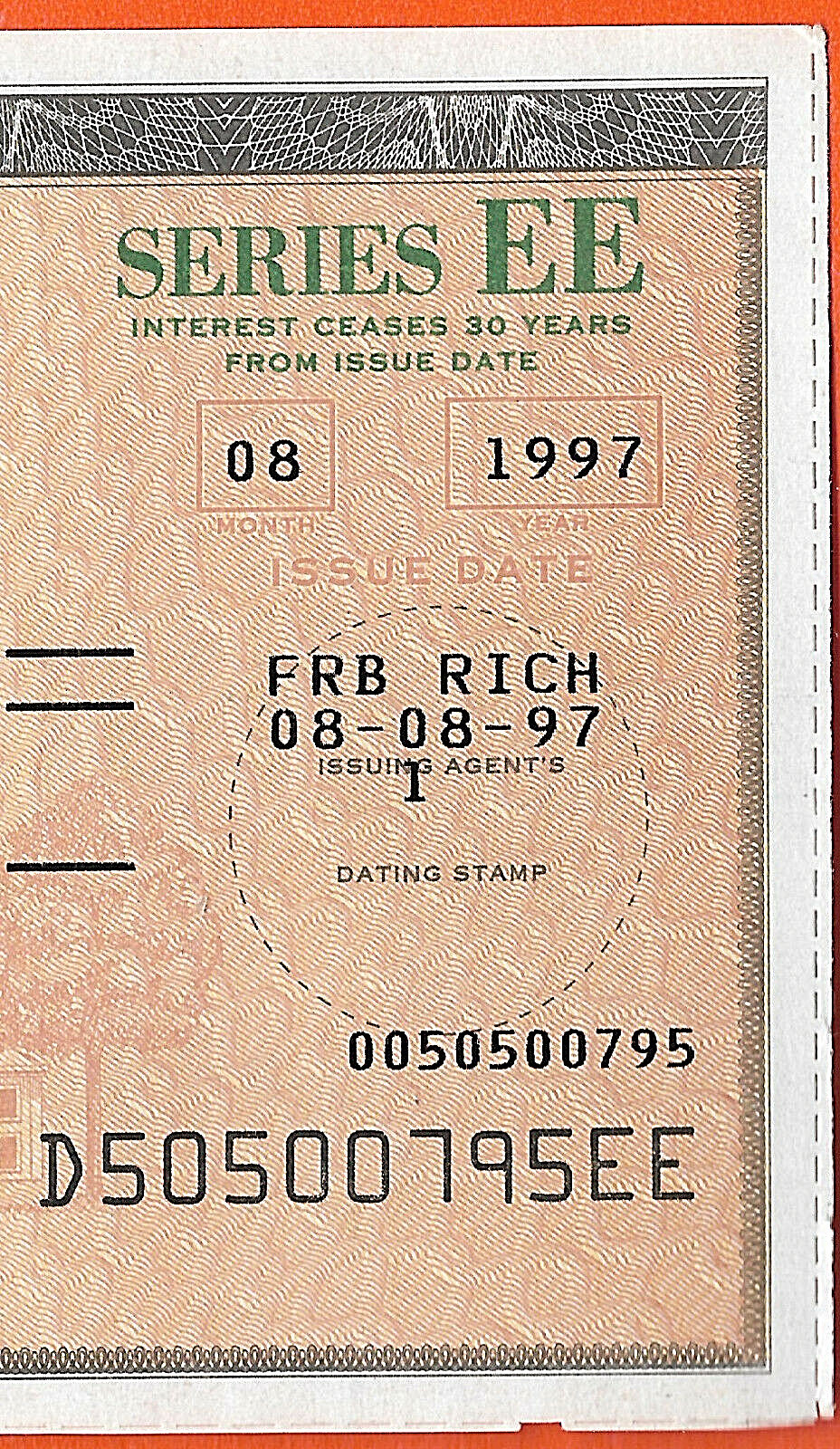 US SAVING BOND HAMILTON 08 1997 $500.00  SERIES EE  CANCELLED