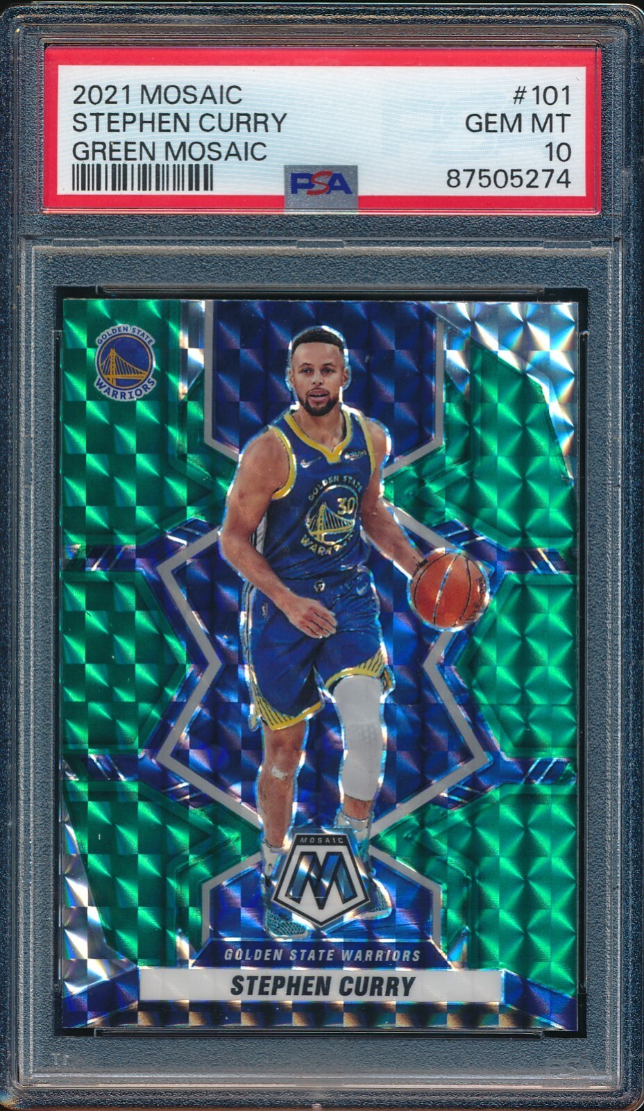 STEPHEN CURRY 2021 MOSAIC GREEN MOSAIC PRIZM # 101 SP PSA 10