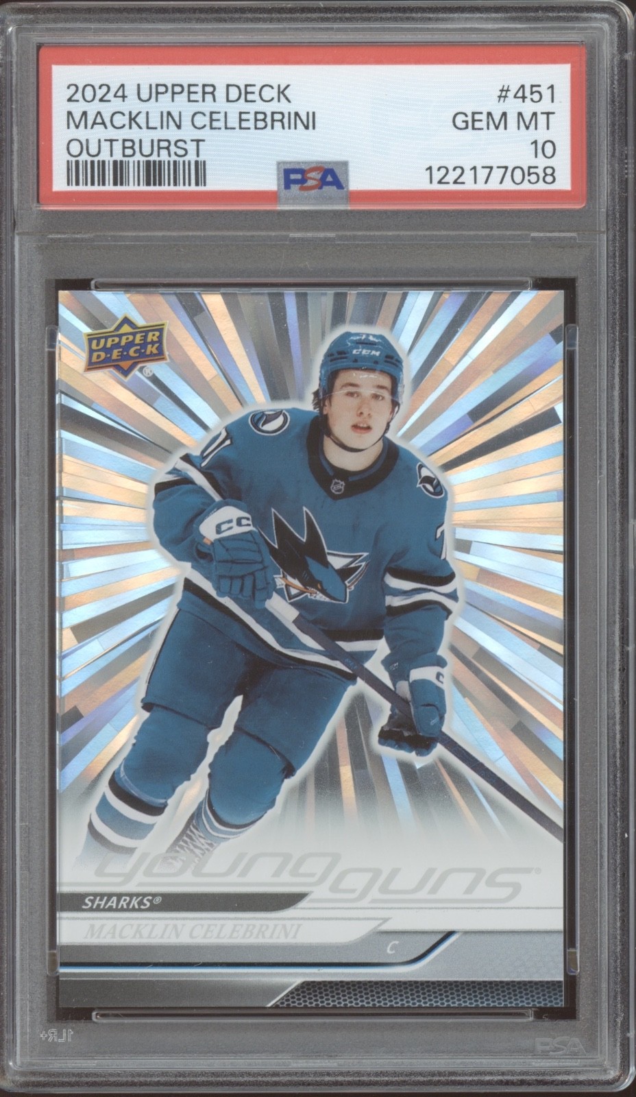 2024 Upper Deck Outburst Young Guns #451 Macklin Celebrini RC Gem Mint PSA 10